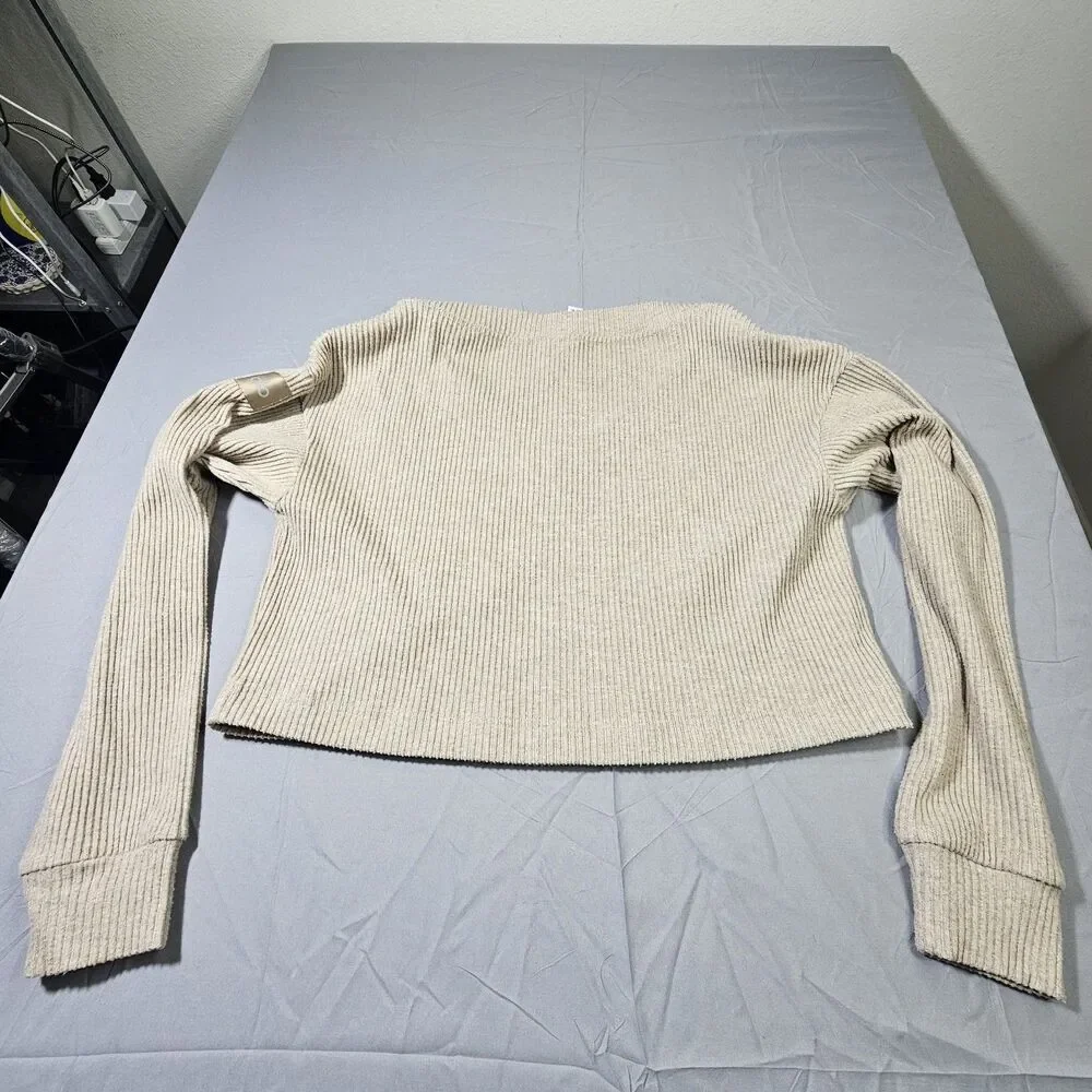 Alo Yoga Muse V-Neck Pullover Ribbed Cropped XS Tan Slouchy Boxy Athleisure